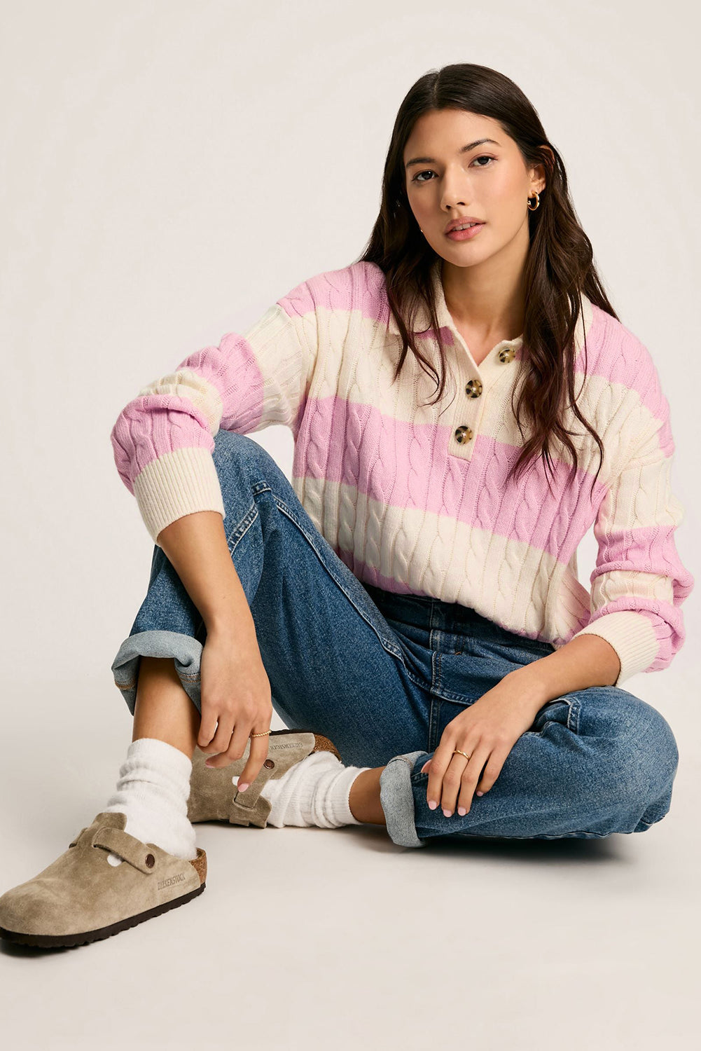 Pink Stripe Cable Knit Collared Henley Sweater