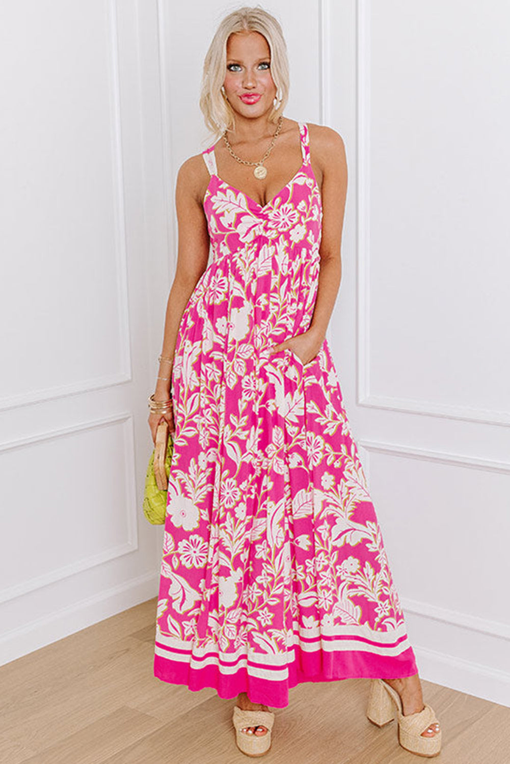 Rose Floral V Neck Crisscross Backless Maxi Dress