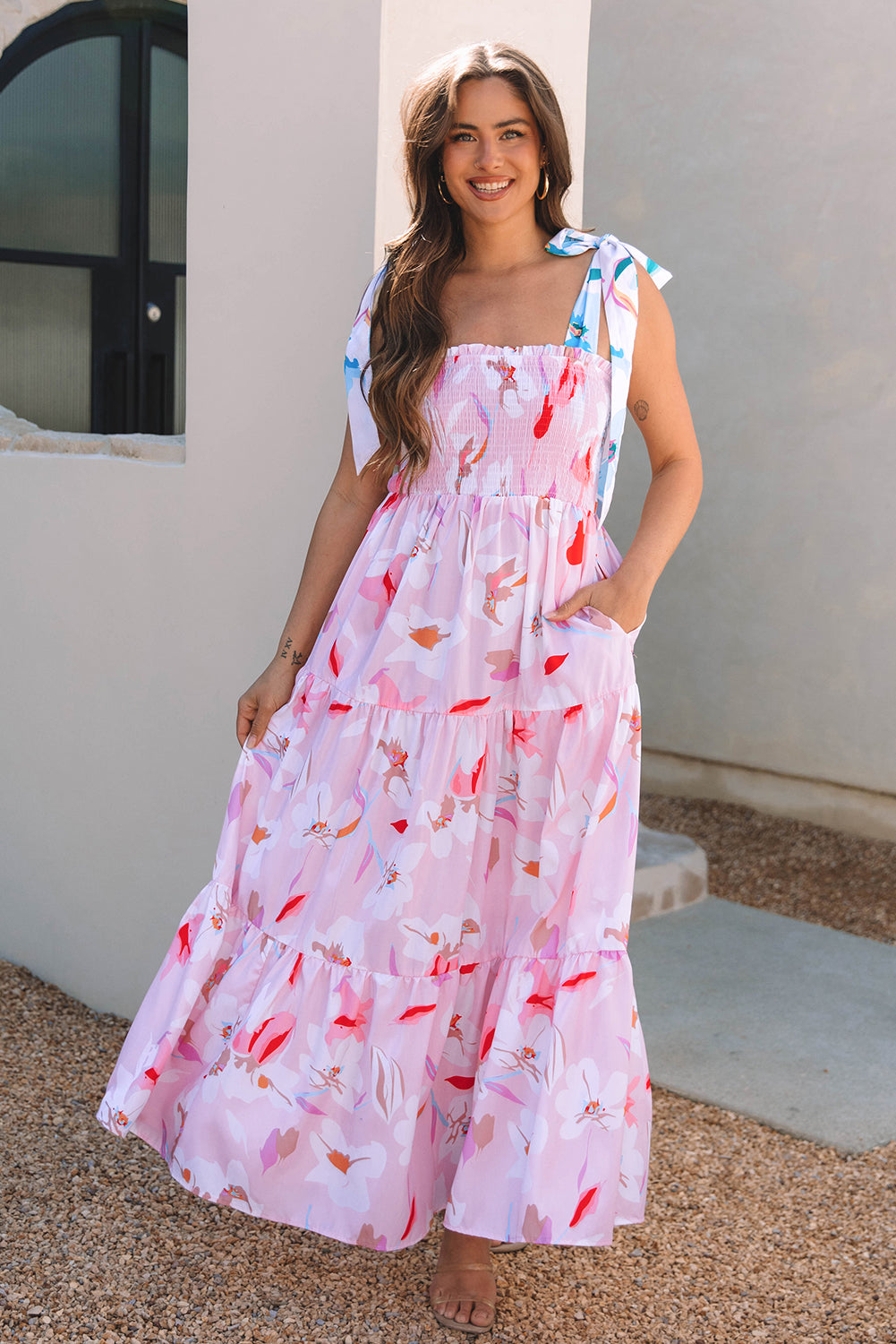 Pink Floral Print Knotted Shoulder Smocked Maxi Dress