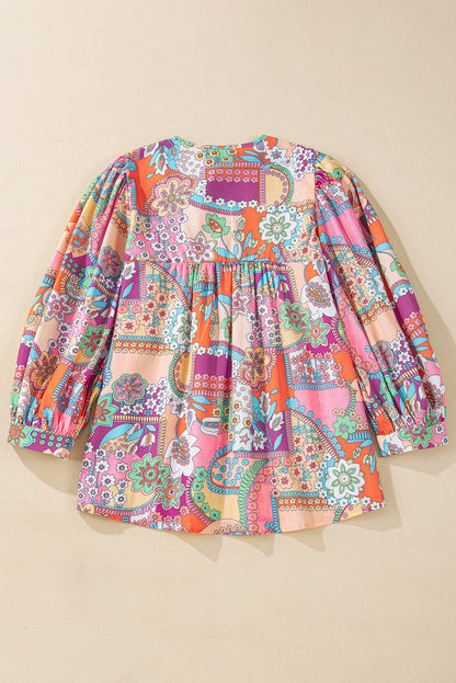 Multicolour Boho Floral Bubble Sleeve Tassel Tied Neck Pleated Blouse