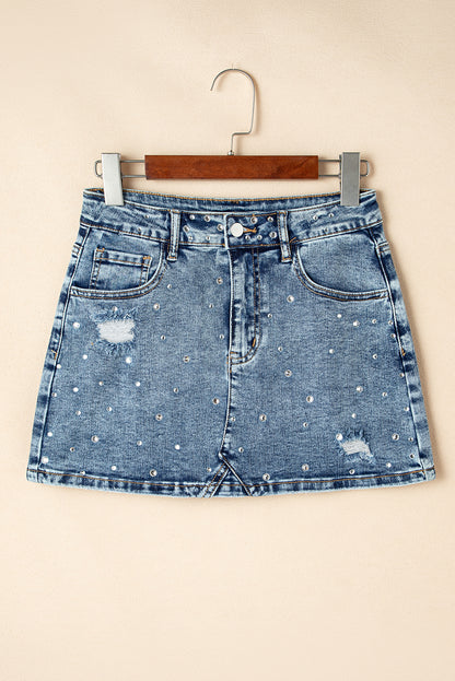 Dusk Blue Rhinestone Distressed Denim High Waist Mini Skirt