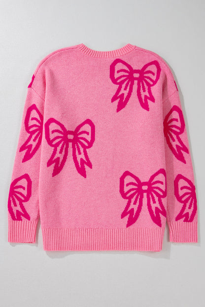 Pink Bow Pattern Drop Shoulder Loose Sweater