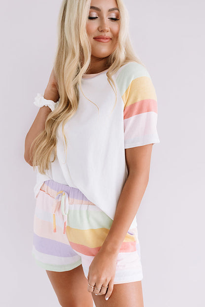 White Rainbow Striped T Shirt and Shorts Set