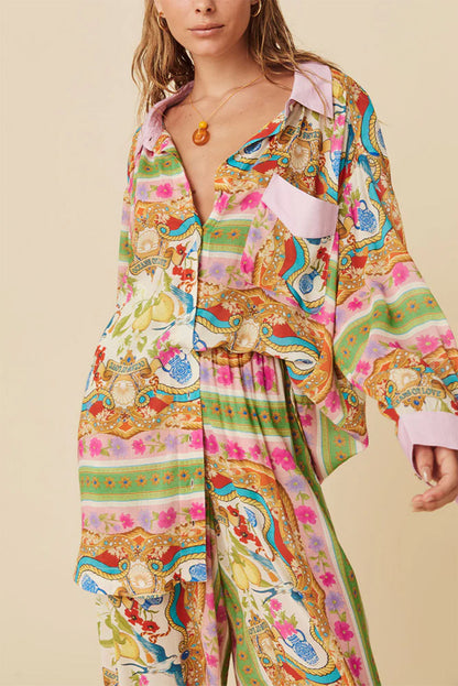 Multicolour Boho Floral Print Buttoned Long Sleeve Shirt Dress