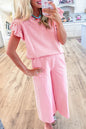 Pink Textured Pearled Ruffled Sleeve Wide Leg Pants Set