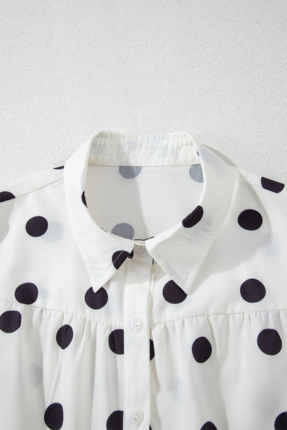 White Polka Dot Print Short Sleeve Collar Buttoned Tiered Babydoll Dress