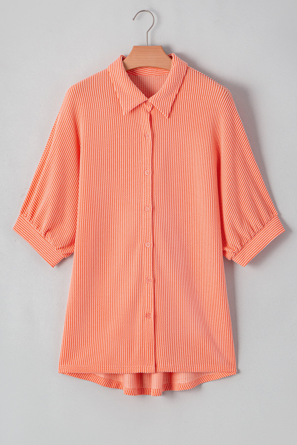 Grapefruit Orange Corded Half Sleeve Button Up High Low Hem Loose Shirt