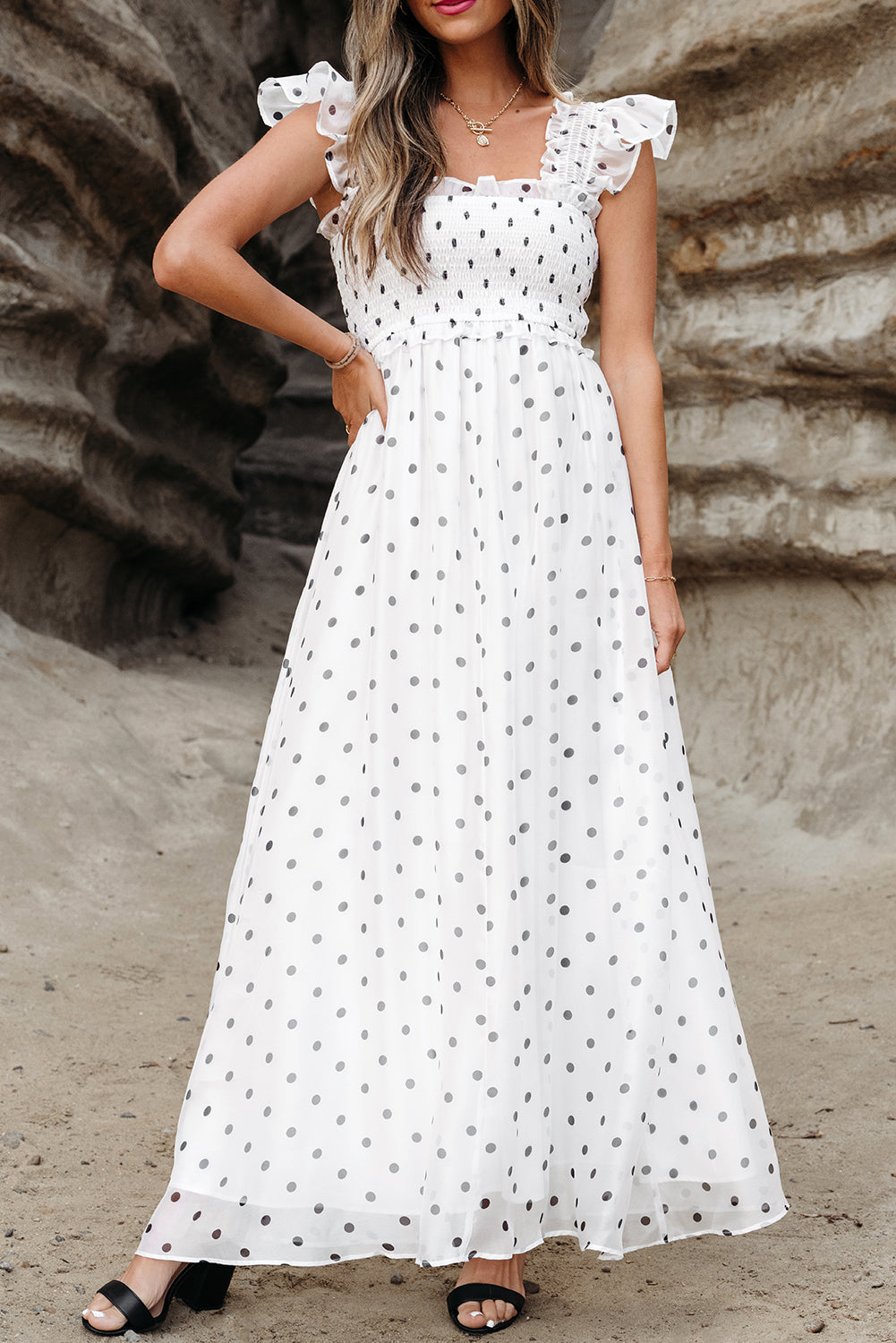 White Polka Dot Flutter Sleeve Square Neck Smocked Maxi Dress