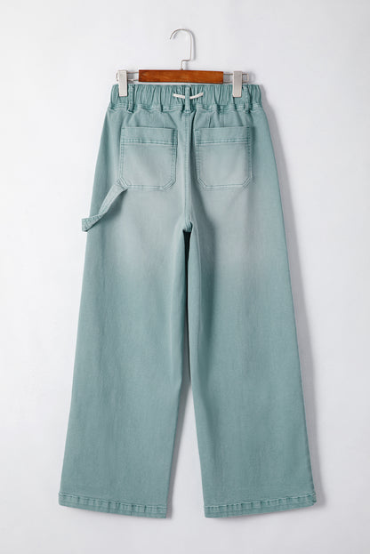 Smoke Green Mineral Wash Drawstring High Waist Wide Leg Jeans