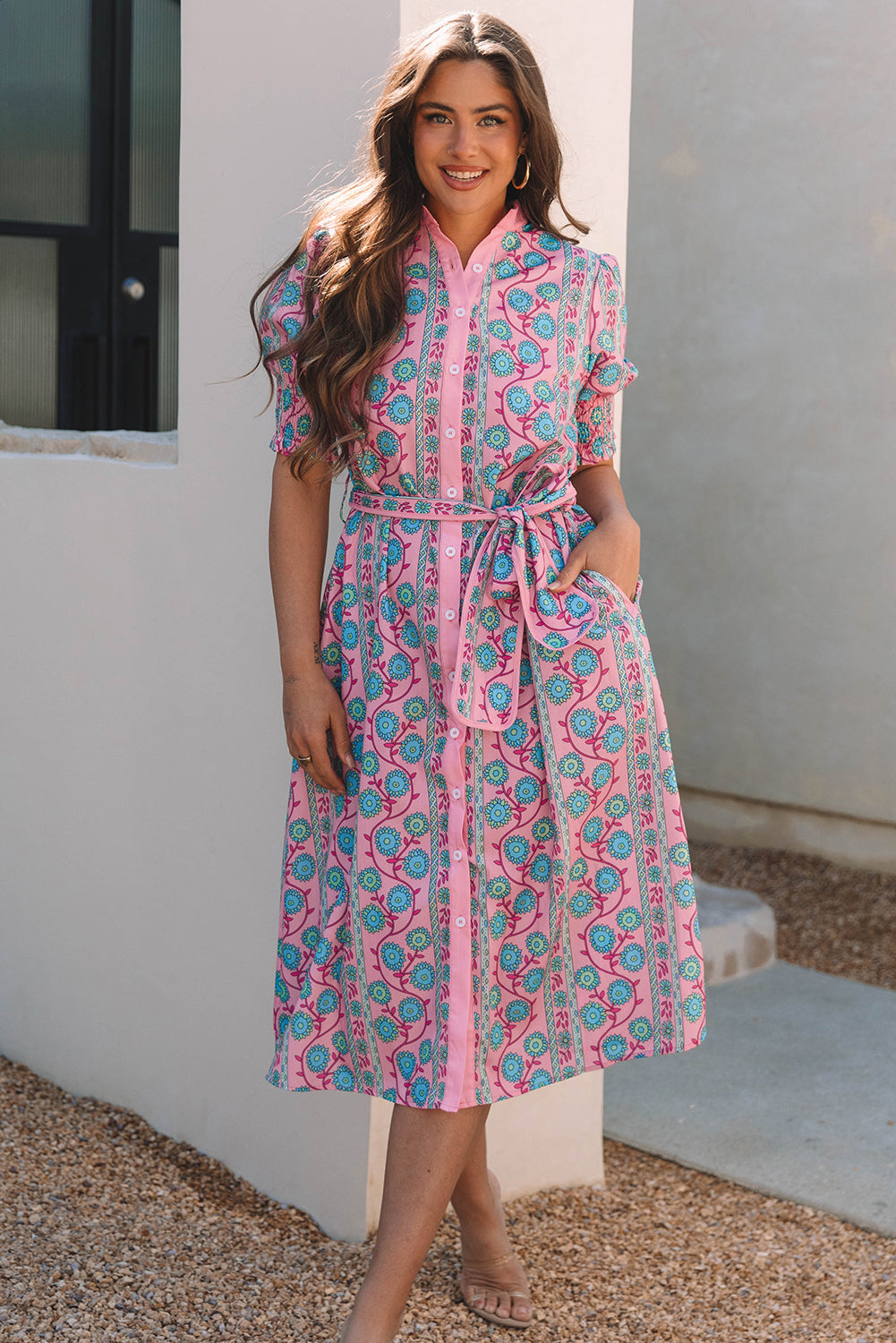 Pink Floral Shirred Puff Sleeve Buttoned Front Midi Dress with Sash