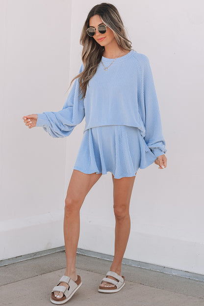 Sky Blue Corded Lantern Sleeve Top High Waist Ruffled Mini Skirt Set