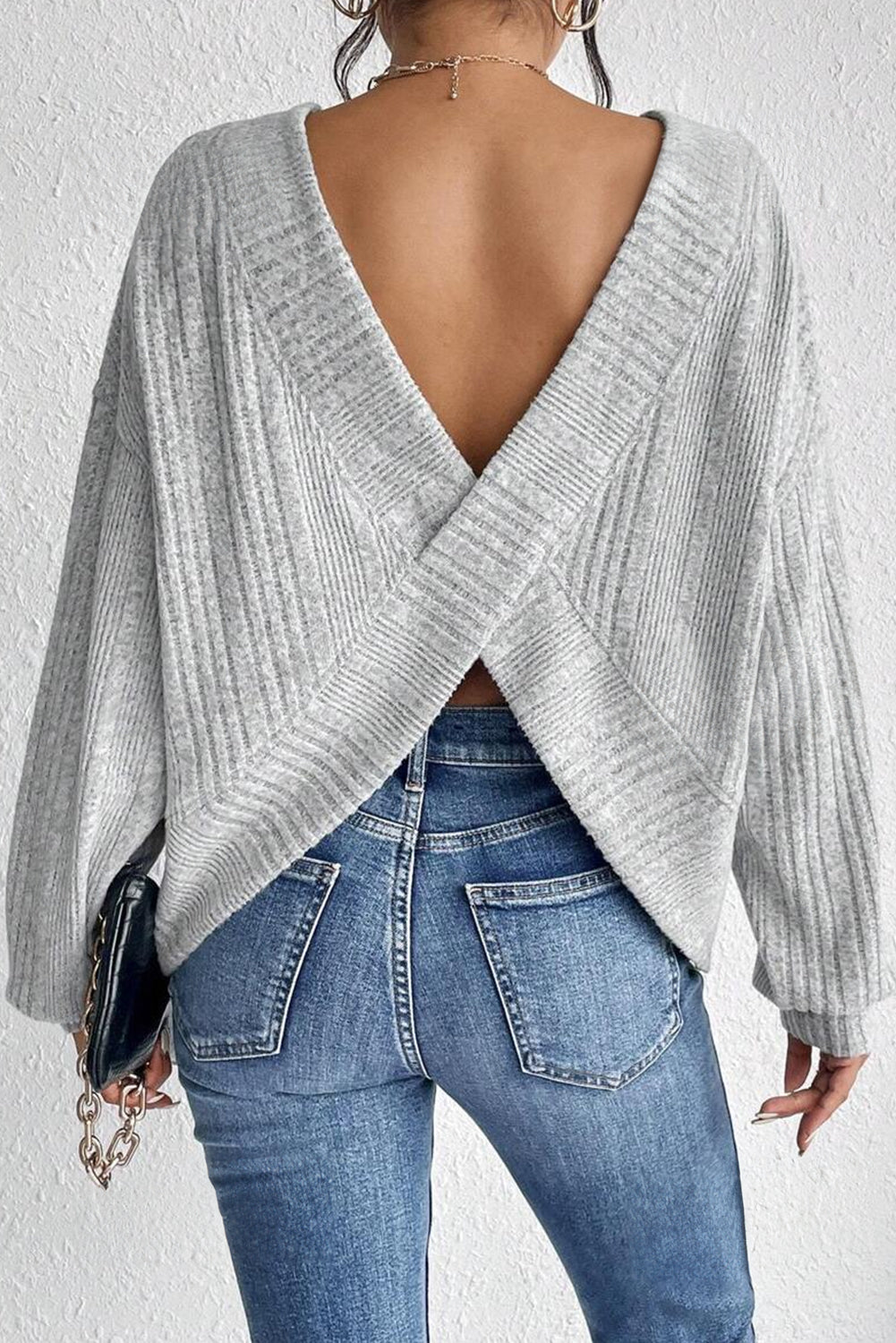 Light Grey Textured Crossover Backless Knit Long Sleeve Top