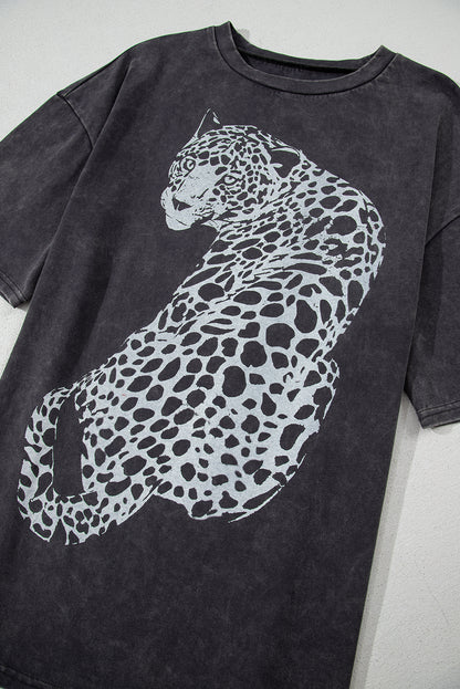 Medium Grey Vintage Cheetah Printed Mineral Wash Graphic Tee