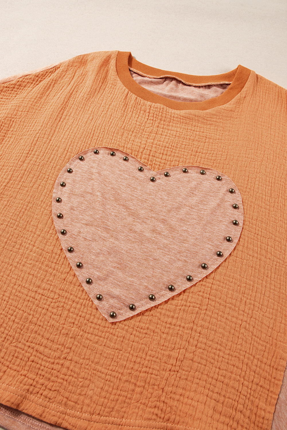 Desert Gold Stud Heart Patch Textured Front Dolman Top