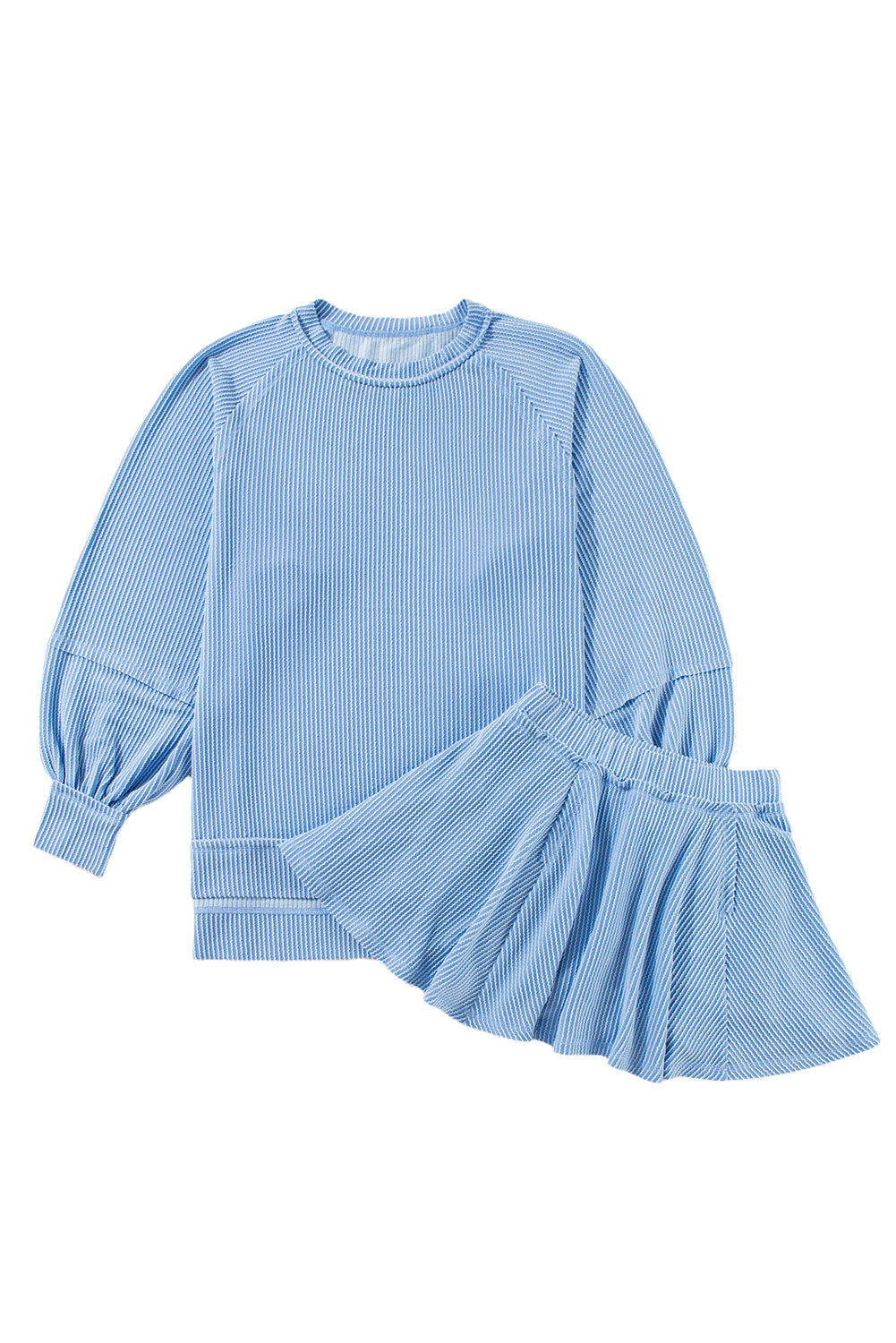 Sky Blue Corded Lantern Sleeve Top High Waist Ruffled Mini Skirt Set