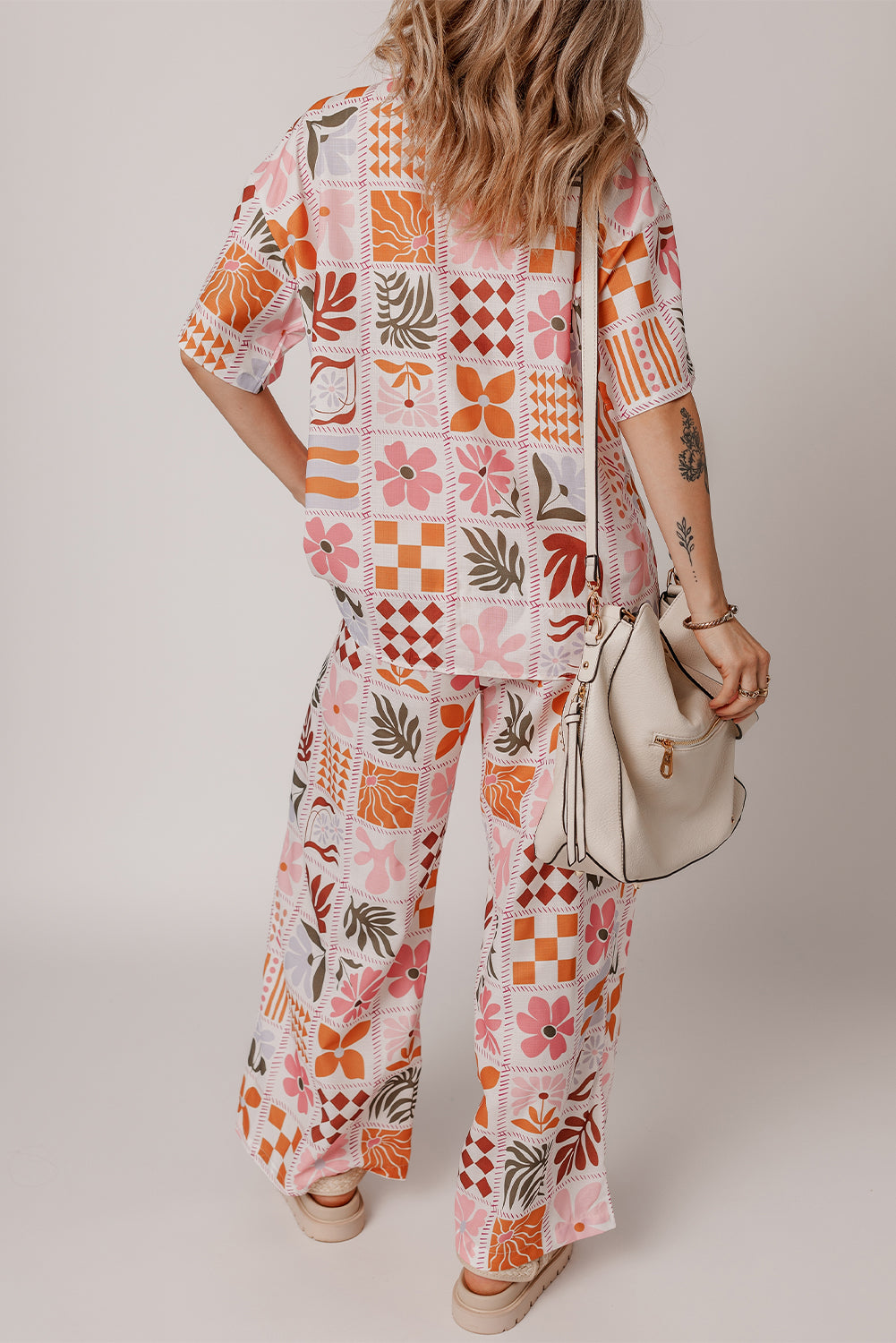 Orange Plant Checkered Print Collared Shirt and Wide Leg Pants Set