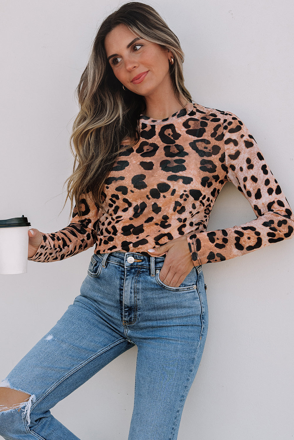 Brown Leopard Round Neck Long Sleeve Slim Top