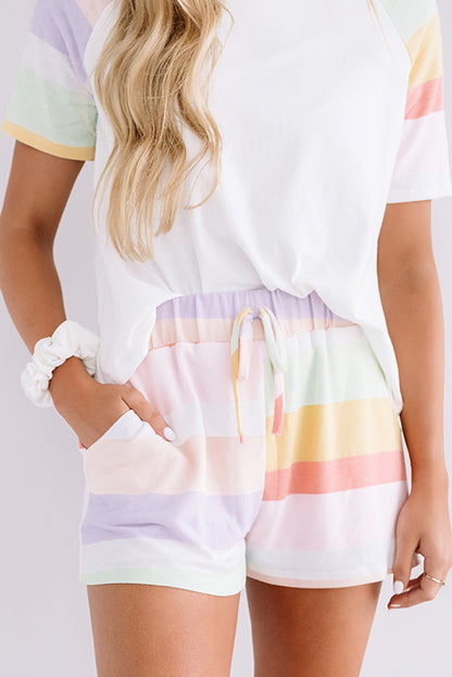 White Rainbow Striped T Shirt and Shorts Set