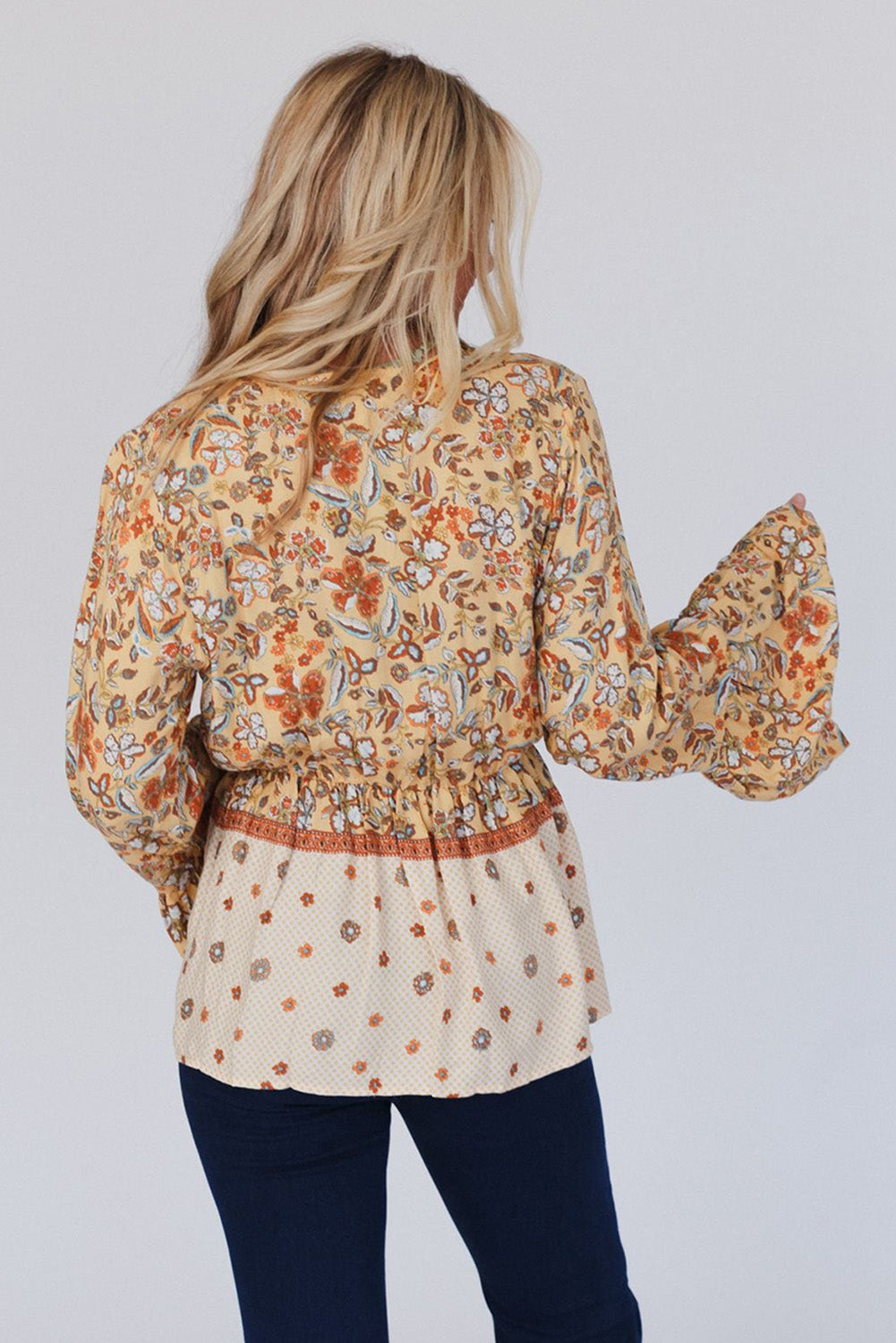 Yellow Printed Floral Bell Sleeve V Neck Wrapped Contrast Peplum Blouse