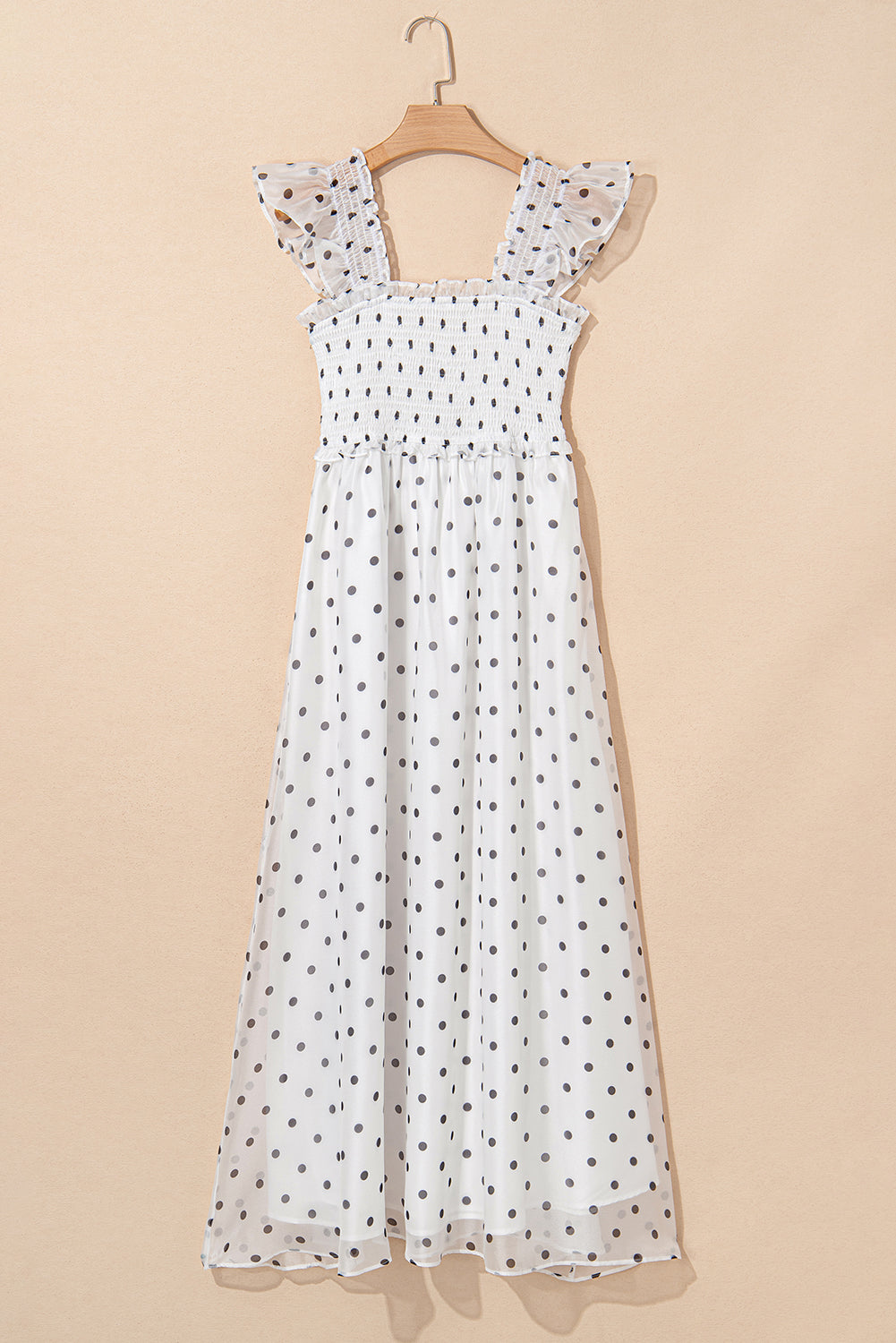 White Polka Dot Flutter Sleeve Square Neck Smocked Maxi Dress