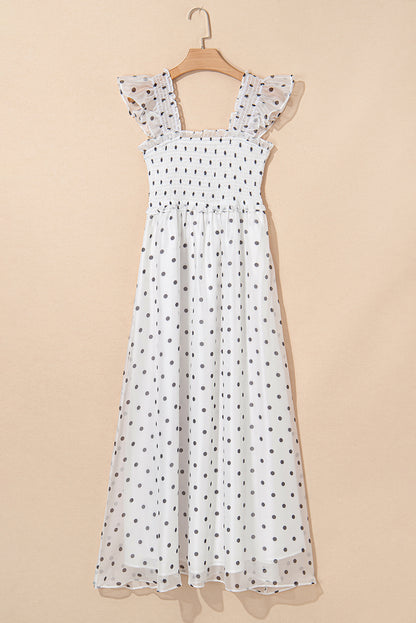 White Polka Dot Flutter Sleeve Square Neck Smocked Maxi Dress