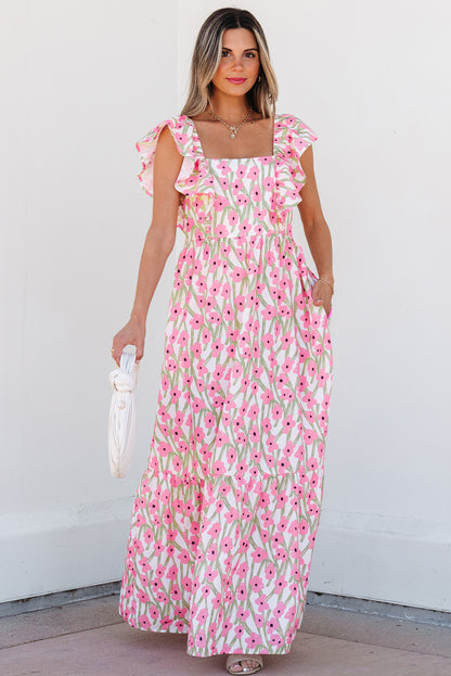 Pink Floral Print Square Neck Ruffled Strap Maxi Dress