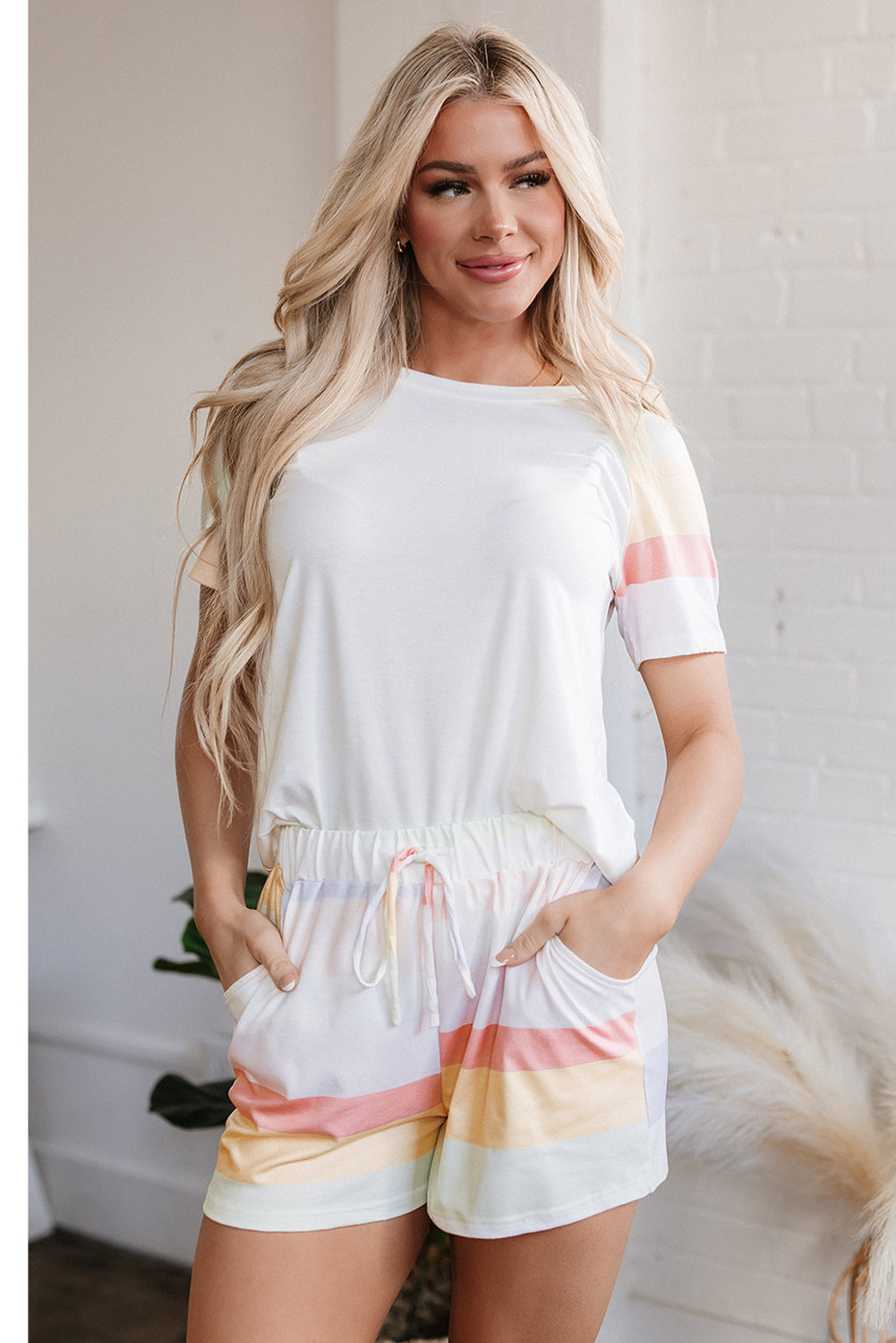 White Rainbow Striped T Shirt and Shorts Set