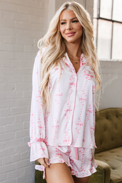 Pink Satin Bow Bell Sleeve Shirt and Ruffled Shorts Pajama Set