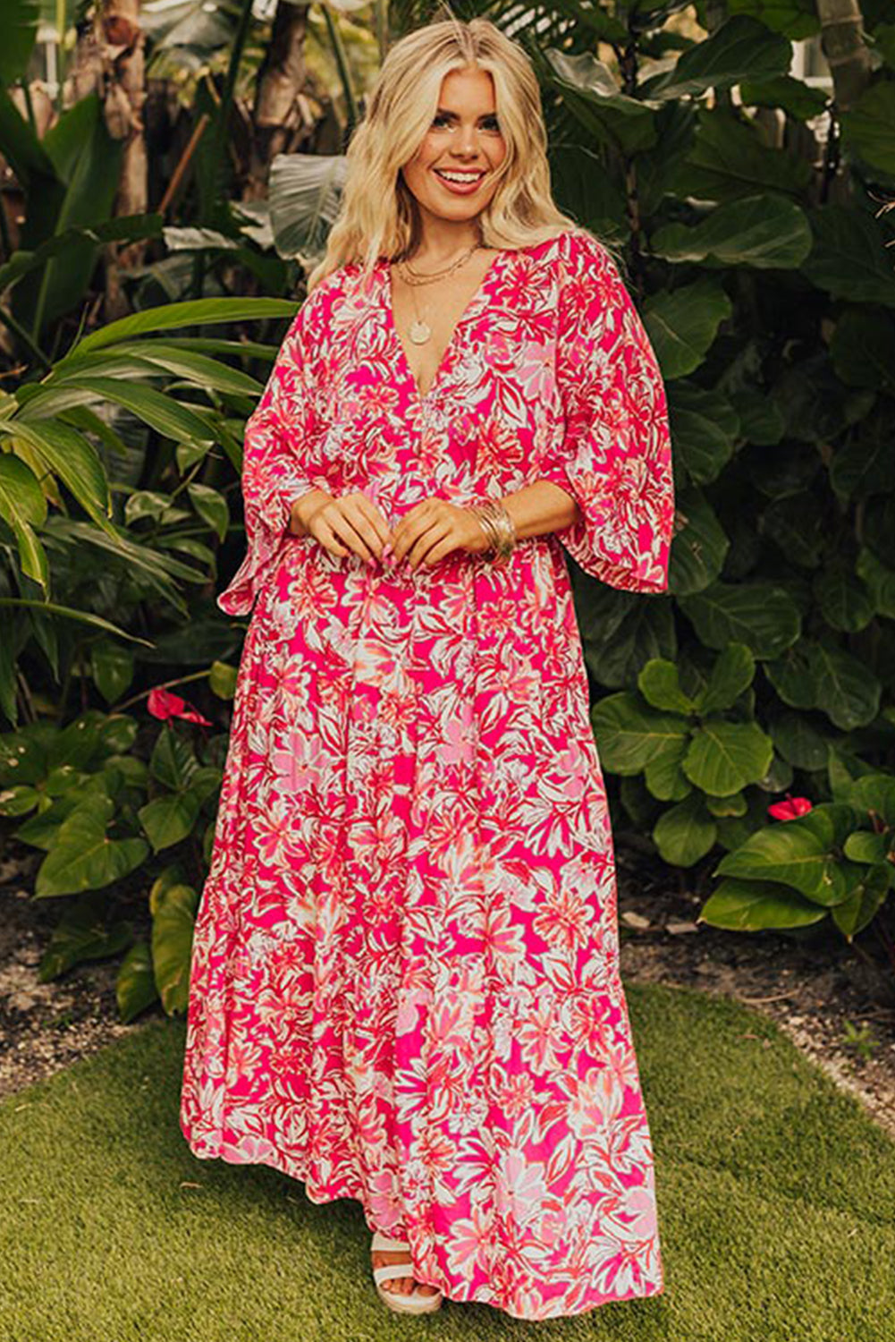 Rose Plus Size Floral V Neck Wide Sleeve Maxi Dress