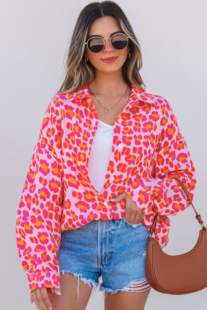 Rose Leopard Printed Button Up Loose Shirt