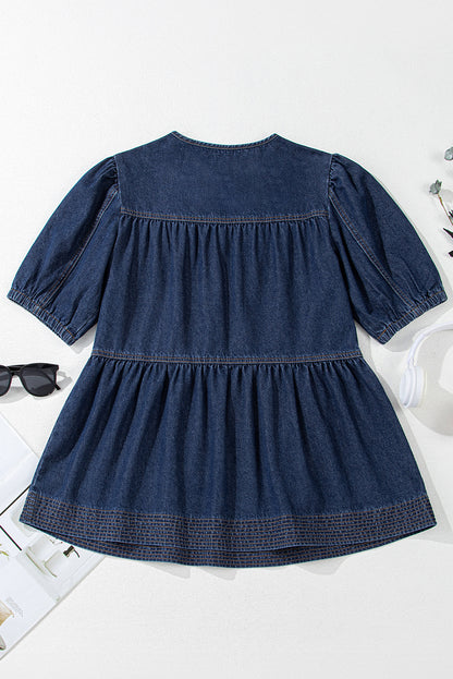 Sail Blue Puff Sleeve Lace-up Neckline Splicing Denim Blouse