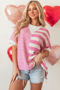 Pink Stripe Patchwork Textured Short Sleeve High Low Loose Top