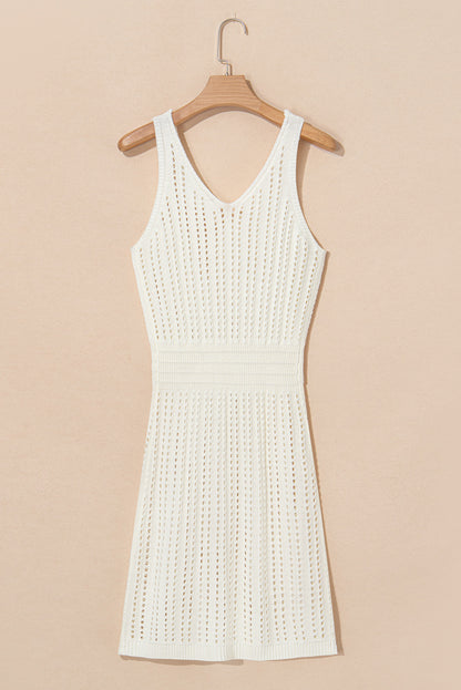 White Eyelet Crochet Sleeveless V Neck Beach Dress