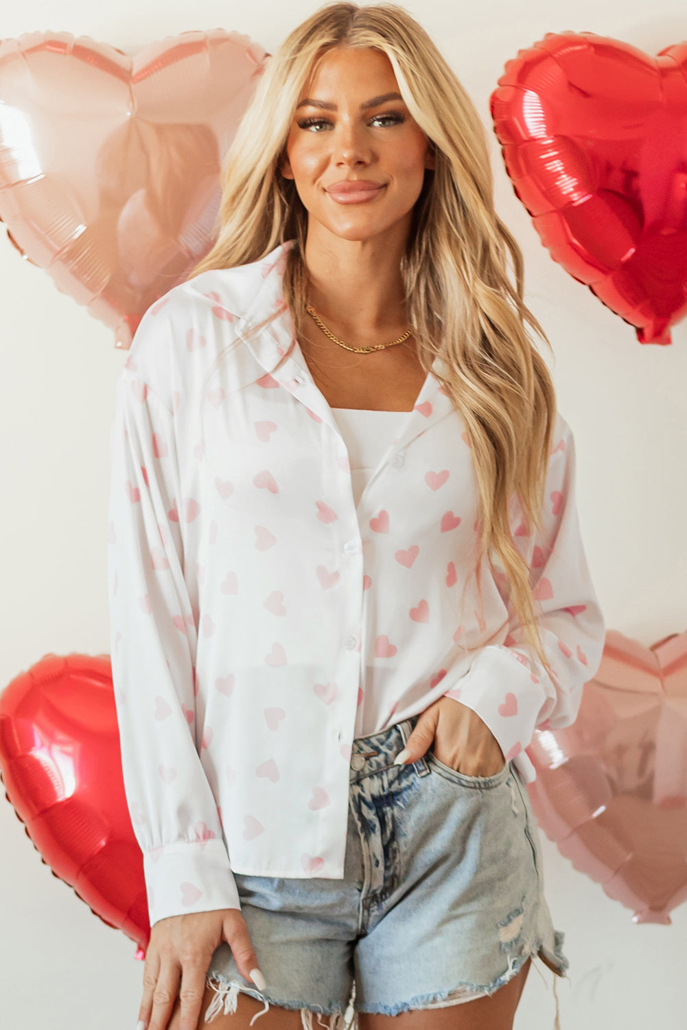 White Love Heart Print Drop Shoulder Puff Sleeve Shirt