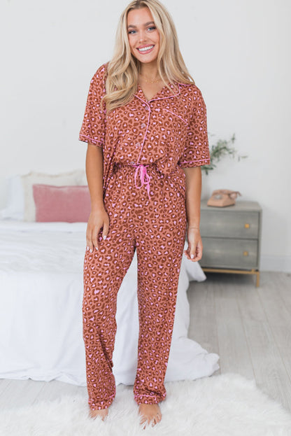 Brown Leopard Print Short Sleeve Shirt and Pants Pajamas Set