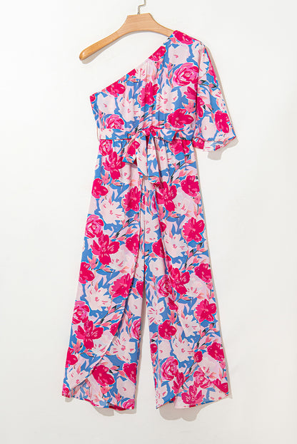 Pink Floral Print Asymmetrical Neckline Single Shoulder Drape Sleeve Belted Jumpsuit