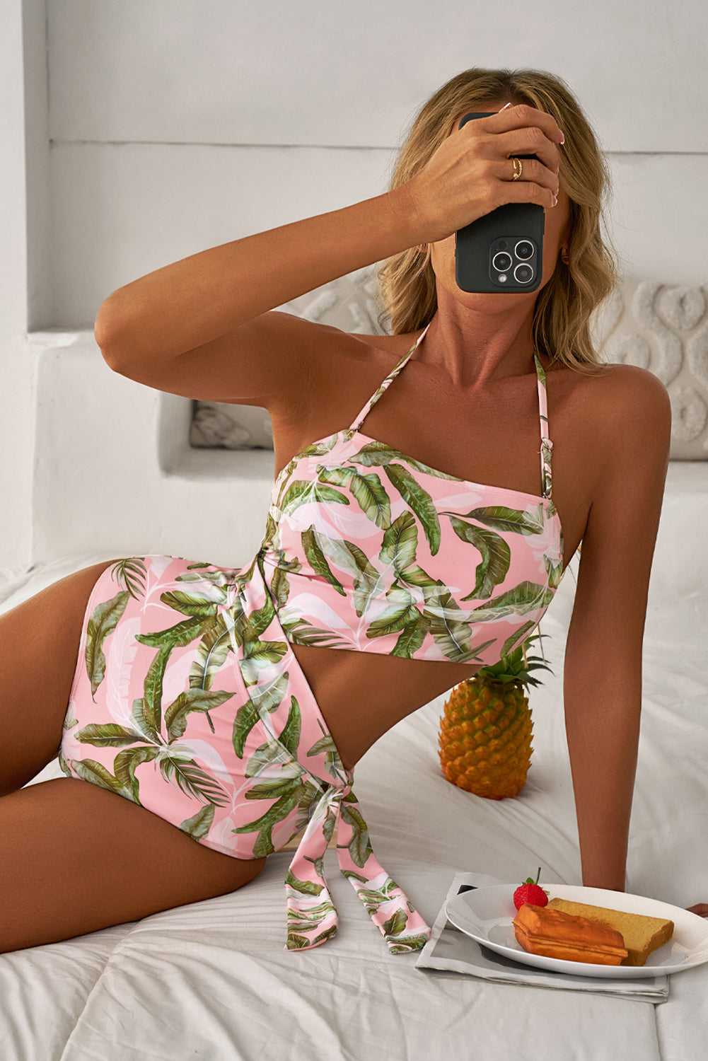 Pink Tropical Asymmetric Cut out Halter Backless One Piece Swimwear