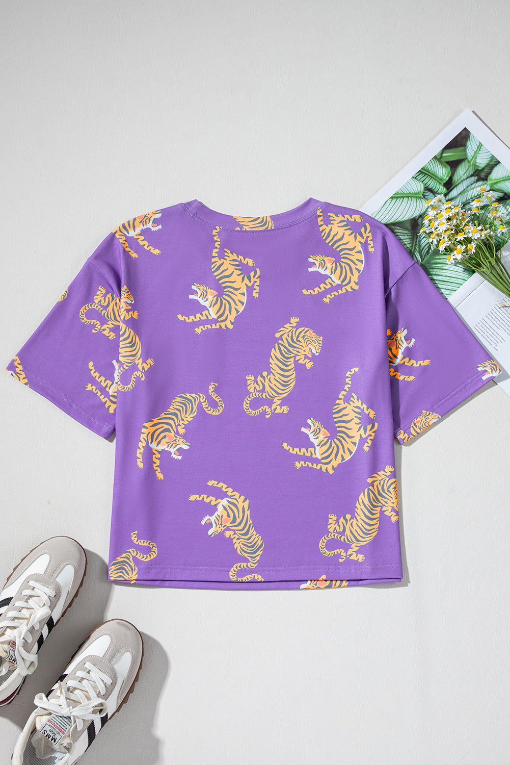 Purple Allover Tiger Printed Patch Pocket Loose T Shirt