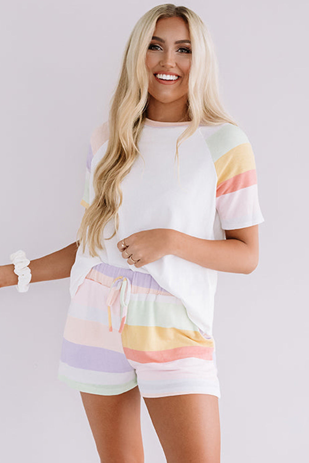 White Rainbow Striped T Shirt and Shorts Set