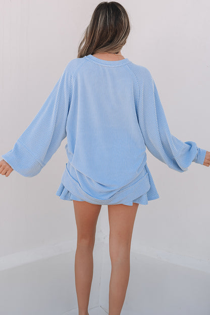 Sky Blue Corded Lantern Sleeve Top High Waist Ruffled Mini Skirt Set