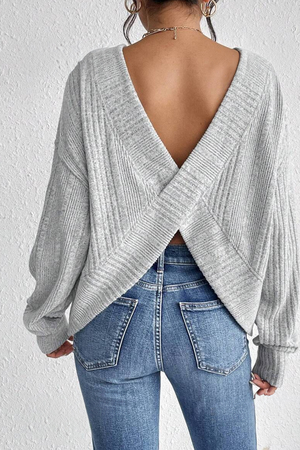 Light Grey Textured Crossover Backless Knit Long Sleeve Top