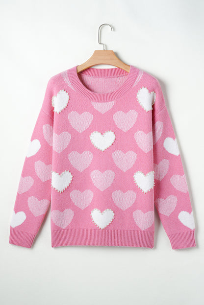 Pink Pearled Heart Print Valentines Crew Neck Sweater