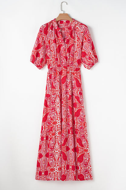 Red Paisley Print Side Slit Puff Sleeve High Waist Maxi Dress