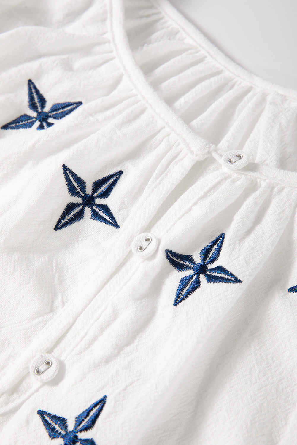 White Geometric Embroidered Long Sleeve Buttoned Blouse