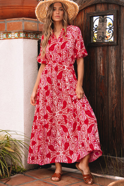 Red Paisley Print Side Slit Puff Sleeve High Waist Maxi Dress