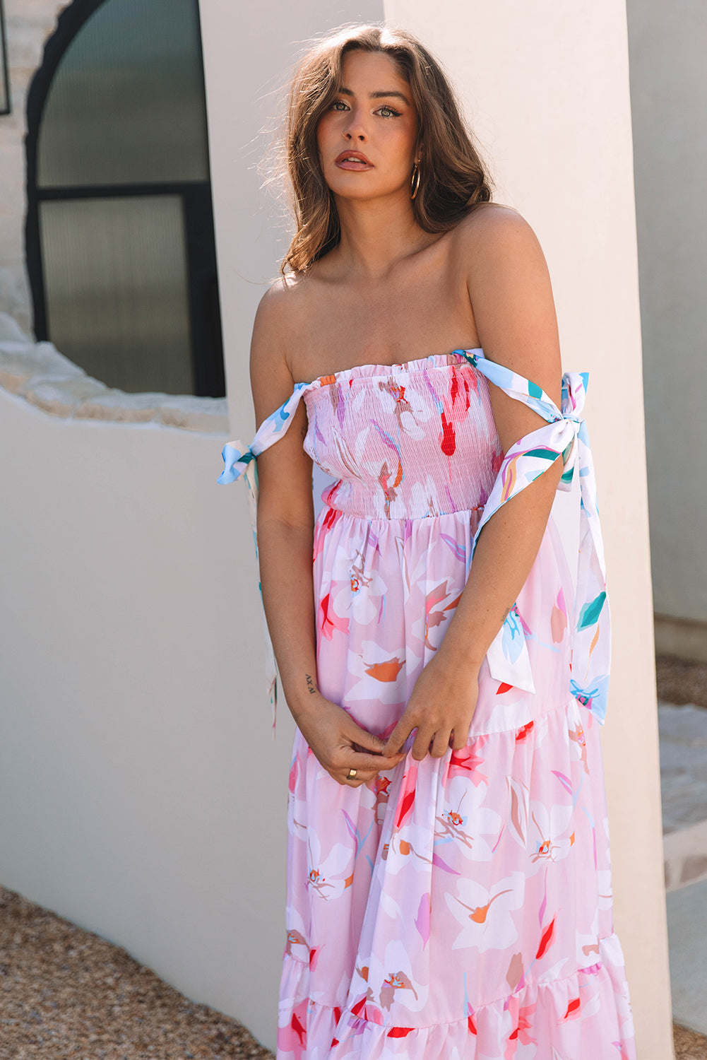 Pink Floral Print Knotted Shoulder Smocked Maxi Dress