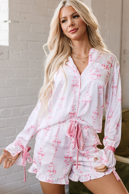 Pink Satin Bow Bell Sleeve Shirt and Ruffled Shorts Pajama Set