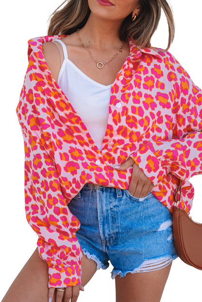 Rose Leopard Printed Button Up Loose Shirt