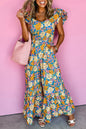 Yellow Floral Allover Print Shirred Cut Out High Waist Jumpsuit