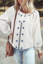 White Geometric Embroidered Long Sleeve Buttoned Blouse